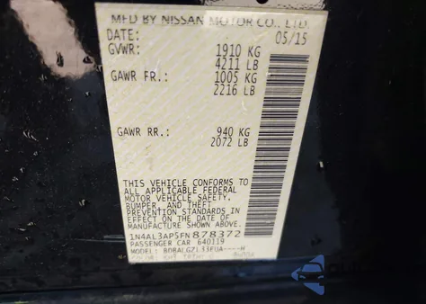 2015 Nissan Altima 2.5 S z USA, uszkodzony, nr VIN 1N4AL3AP5FN878372